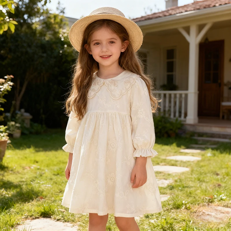 2026 New Spring Baby Girl Embroidery Dress Long Sleeved Cotton Flower 2-6Y Print Kid Dresses Children Sweet Cute Party Clothes