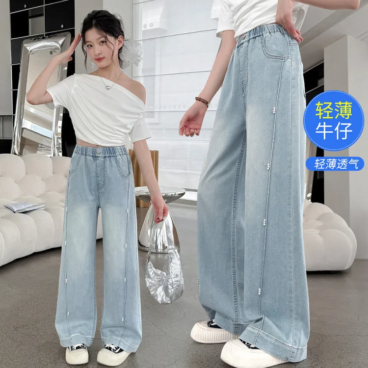 

Girls' Thin Wide-leg Pants Beaded Patchwork Straight Tube Design Stylish Chic Summer 2025 Fashionable Trousers for Kids