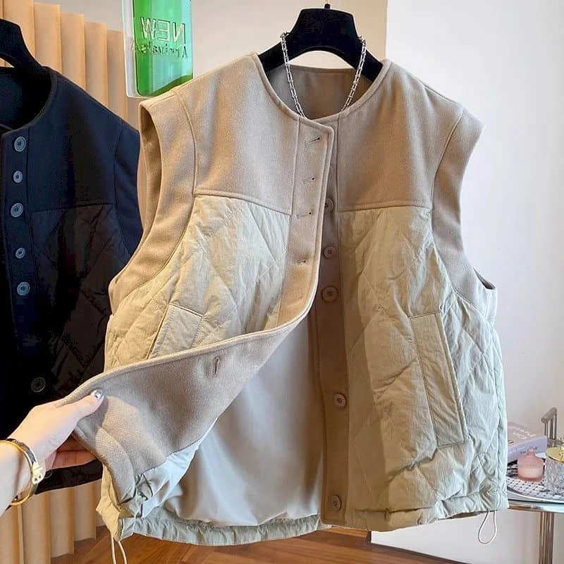 Workwear Waistcoats for Women Solid Cotton Patchwork Vests O-neck Casual Sleeveless Cardigans Vintage Jackets Loose Women Tops