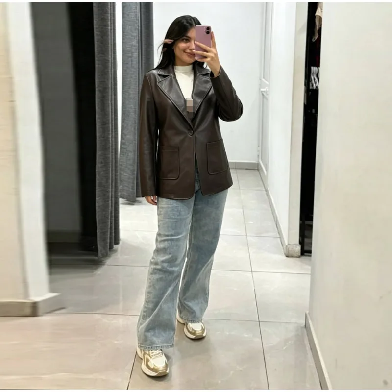 2026 Autumn Faux Leather Blazer Jacket Lapel Collar Single Breasted Big Patch Pockets Loose Vintage Minimalist Outerwear Coat