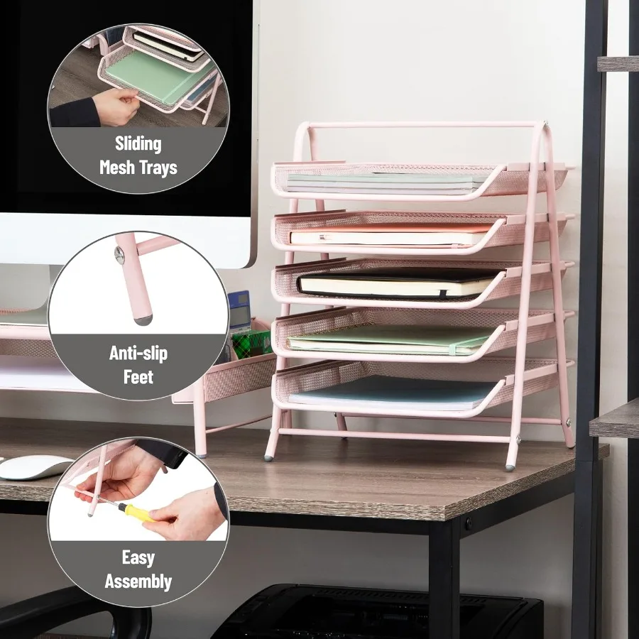 منظم صينية ورق عمودي مكون من 5 طبقات مع تصميم شبكي معدني لتخزين ملفات سطح المكتب الفعالة في بيئات المكتب المدمجة P