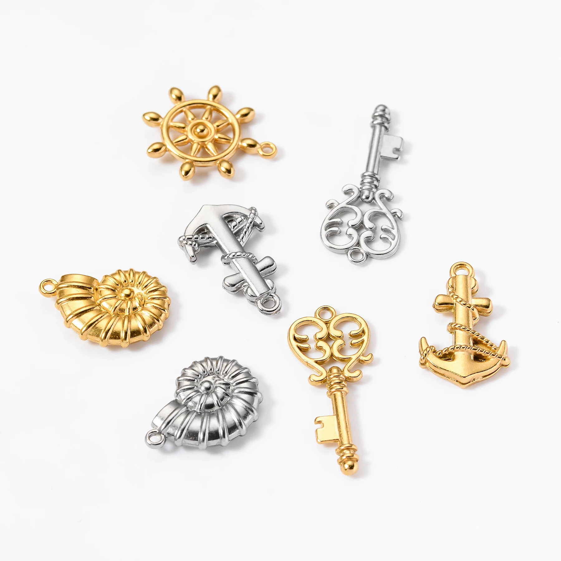 5pcs 304 Stainless Steel Key Anchor Conch Rudder Charms Pendant For Necklace  DIY Jewelry Making Handmade Supplies