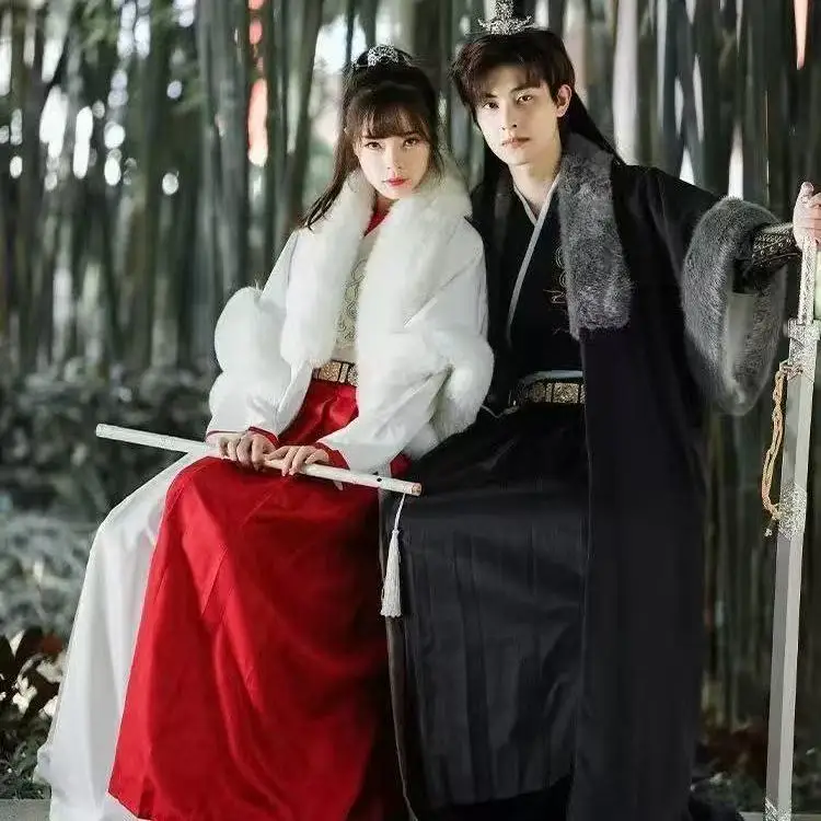 

Autumn Winter Thicken Hanfu Cloak Men Women Traditional Chinese Plush Collar Long Robe Couples Carnival Event Snow Outer Cape