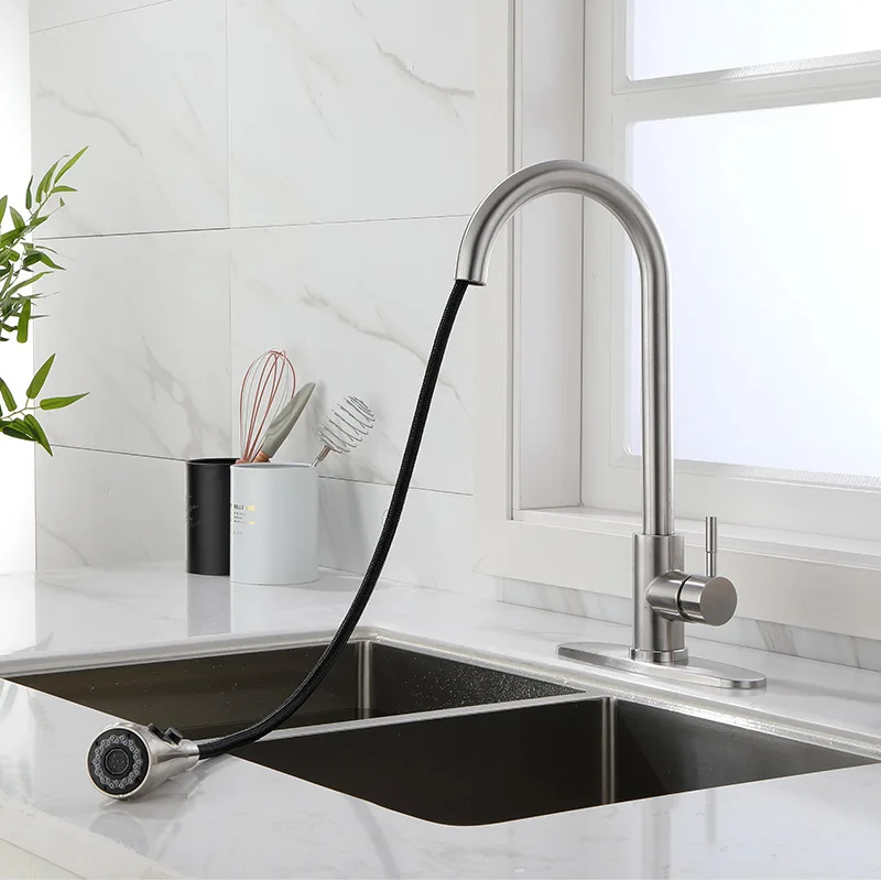 304 stainless steel kitchen pull-out faucet with retractable design for one click water stop faucet in the kitchen