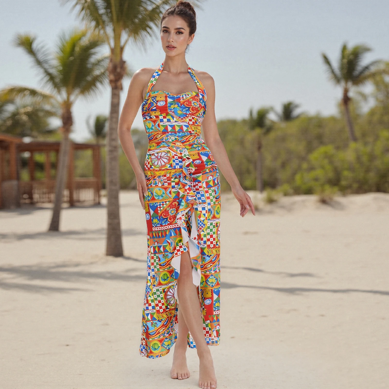 ใหม่แฟชั่นสตรีฤดูร้อนชุด Cami ยาวแขนกุด Halter คอแยกรูปแบบพิมพ์ชุด Club Street สไตล์ S M L