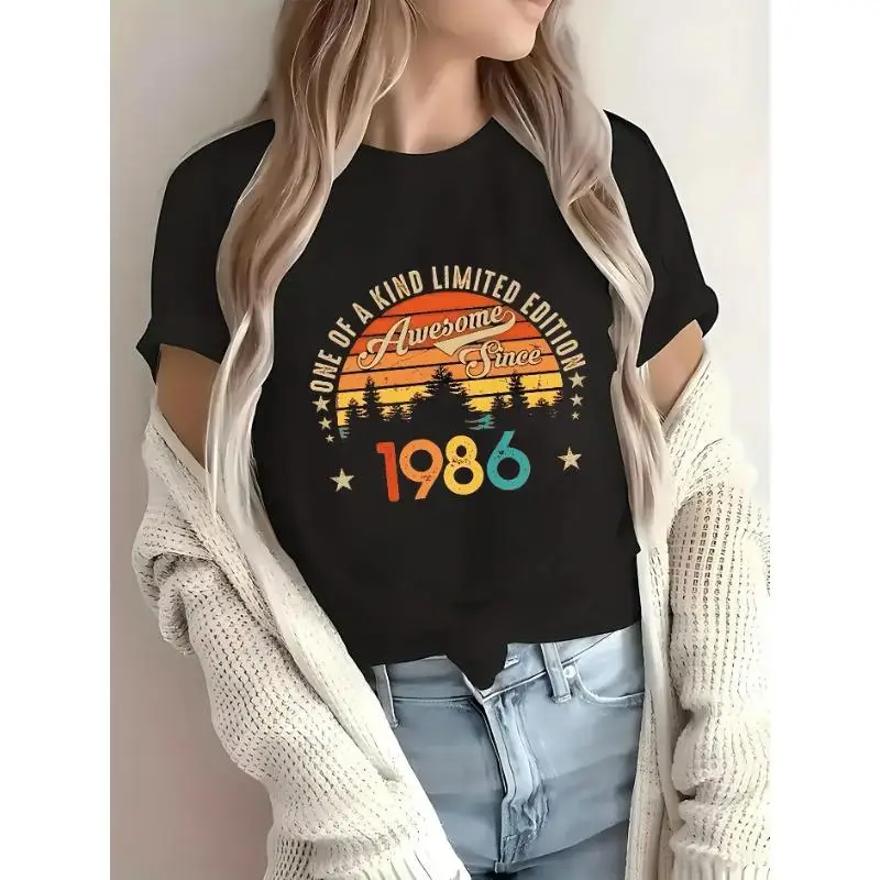 

Women 1986 Birthday T-Shirt Awesome Since Vintage Graphic Tee Retro 39th Anniversary Gift Crewneck Short Sleeve Casual Top