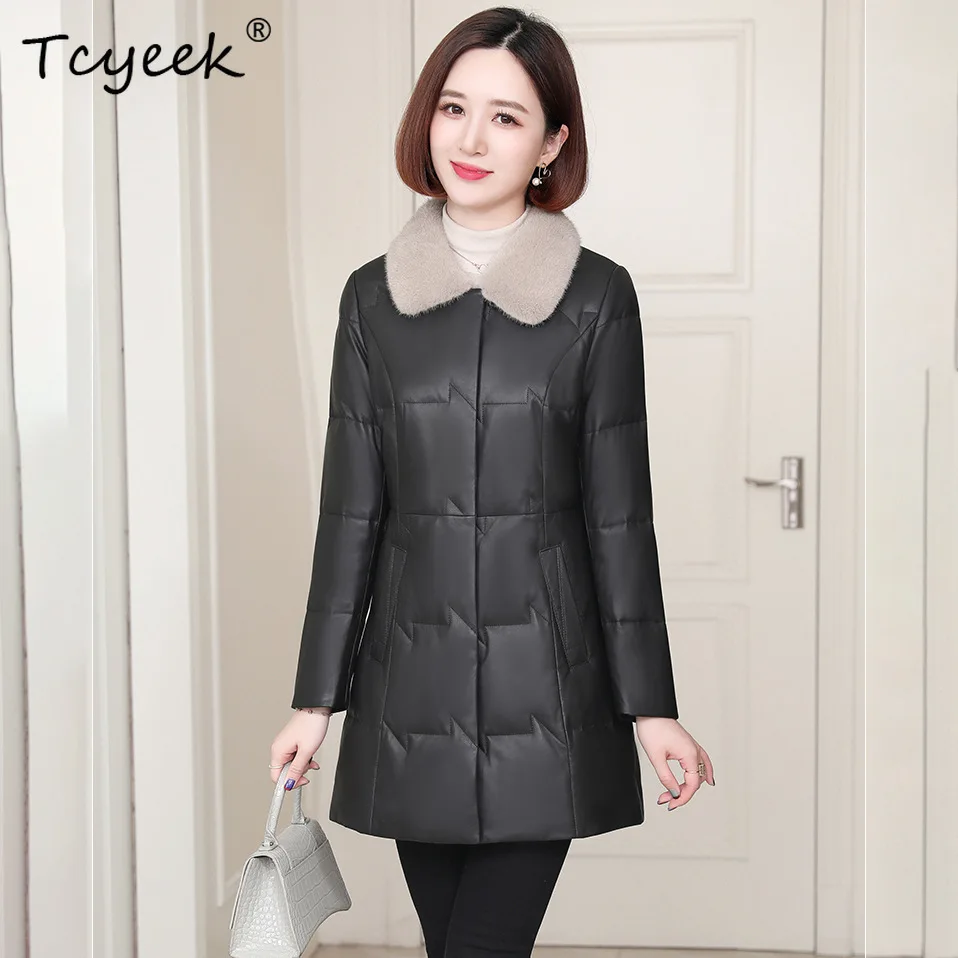 Tcyeek Vera pelle di pecora Autunno Inverno Piumino d'anatra bianca Collo in pelliccia di visone Giacca in vera pelle da donna nera Ж Dönishiжаglas Куртка