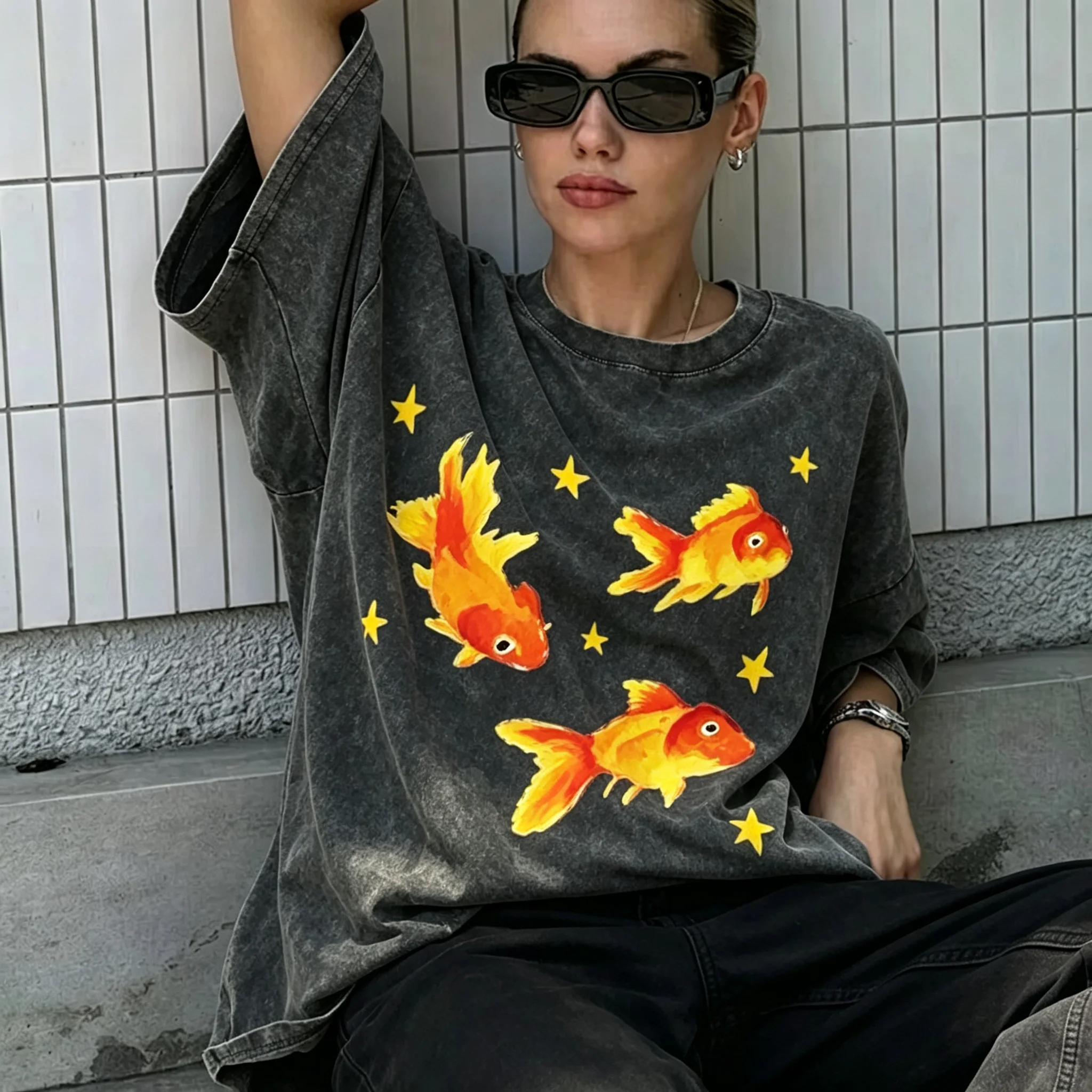 Vintage Washed T-shirt Unisex Retro Oil Painting Goldfish Star Print Oversized Short Sleeve Tee Streetwear Loose Casual Tops