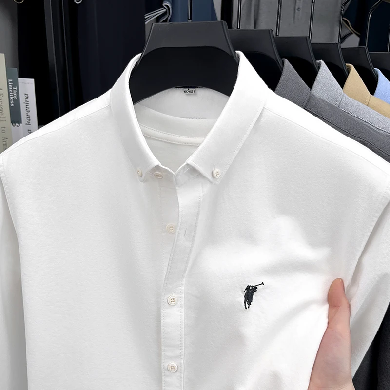High End 100% Pure Cotton Long Sleeved Men's 2026 Spring Fashion Solid Color Business Casual Small Horse Logo Shirt