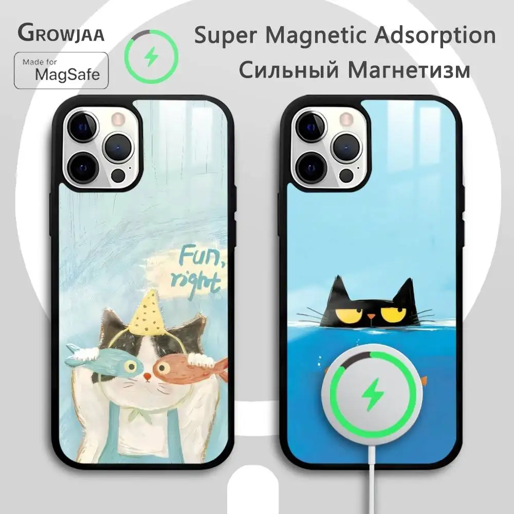 

A Cute Comic Cat Art Phone Case For IPhone 17 16 15 14 13 12 11 Pro Max Plus Mini Magsafe Mirror Wireless Magnetic Funda
