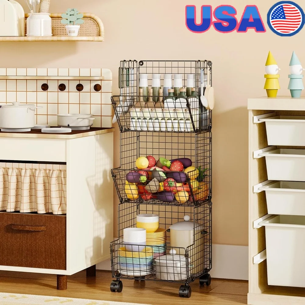 

Rolling Toy Storage Cart 3-Tier Organizer with S-Hooks Outdoor Play Kitchen Shelf Mobile Storage Solution Kids