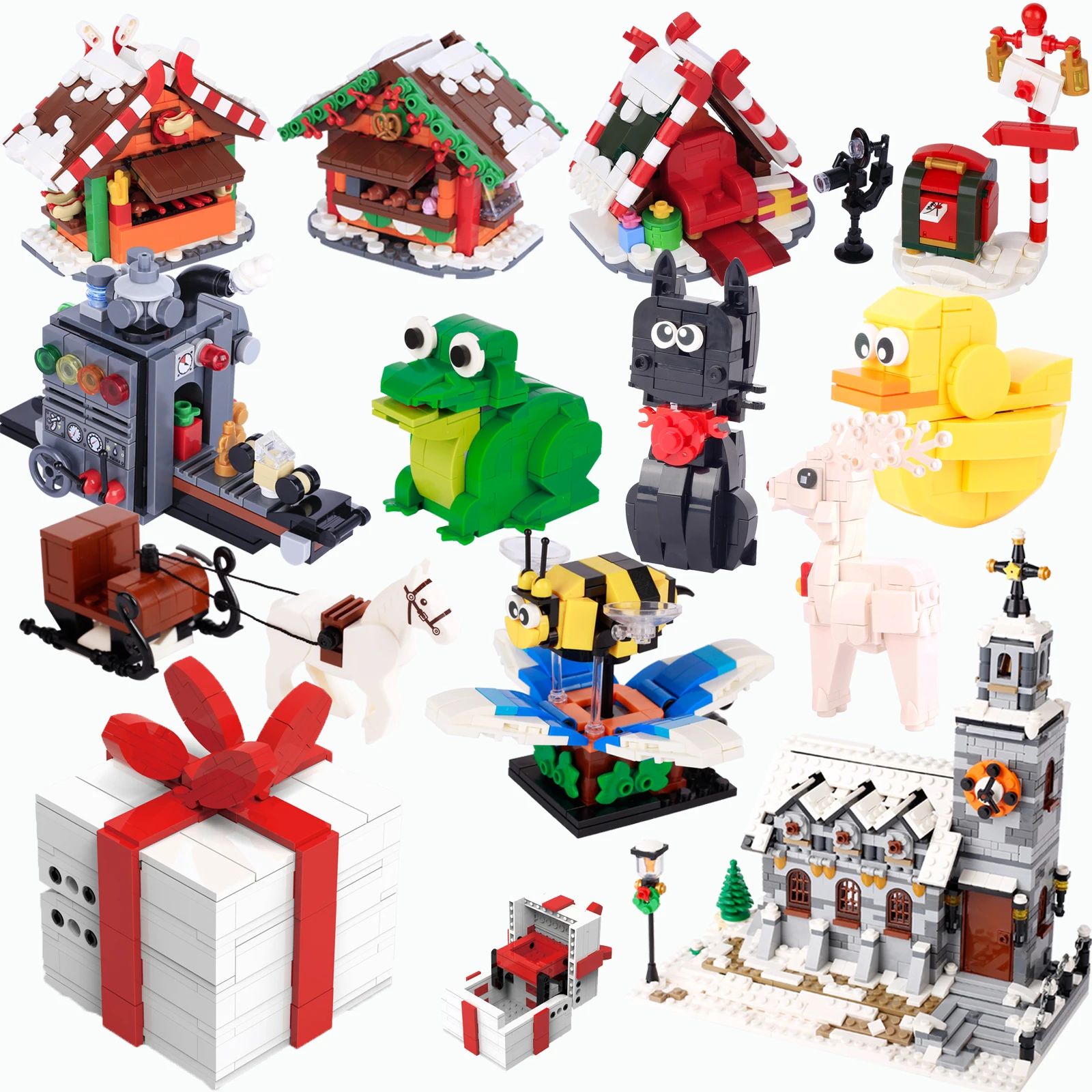 MOC Stadt Street View Winter Landschaft Baustein Set Weihnachten Schnee Kirche Ehe Geschenk Box Wohnkultur Ziegel Spielzeug