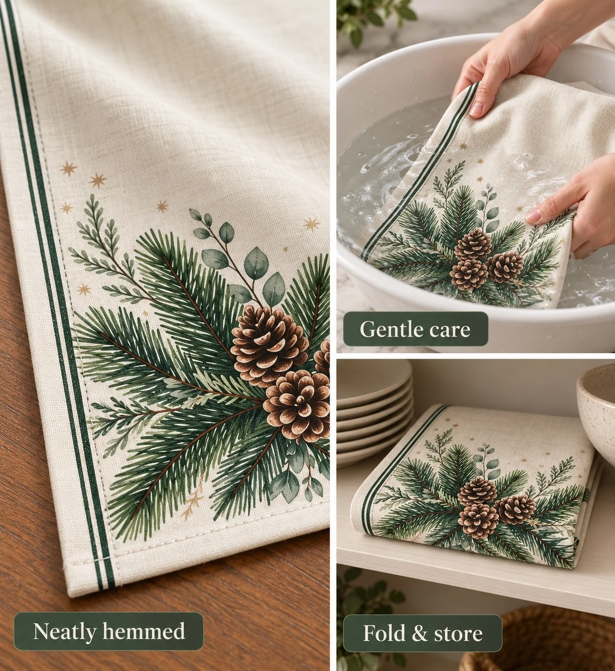 Winter Pine Cone Table Runner Evergreen Botanical Print Table Runner For Christmas Dinner Farmhouse Table Decoration