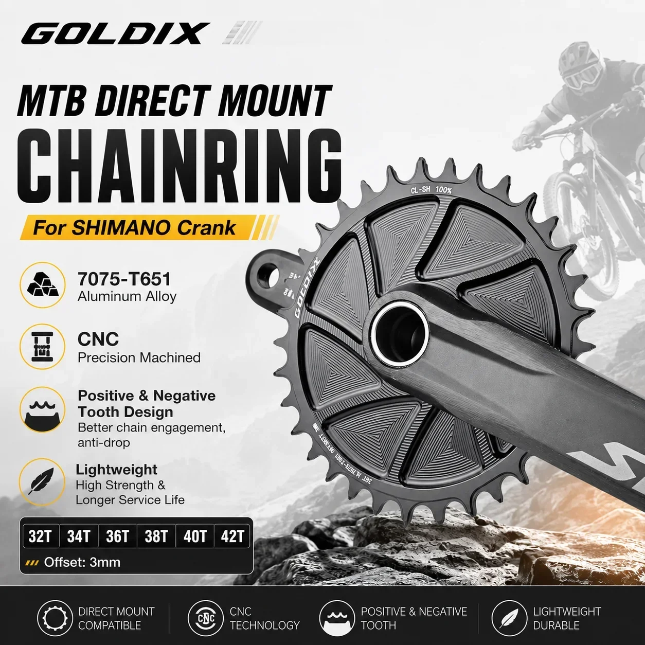 Image of GOLDIX 3mm Offset MTB Fahrradkettenblatt für SHIMANO M6100 M7100 M8100 Direct Mount Kurbel CNC 7075 AL Narrow Wide Single Kettenblatt
