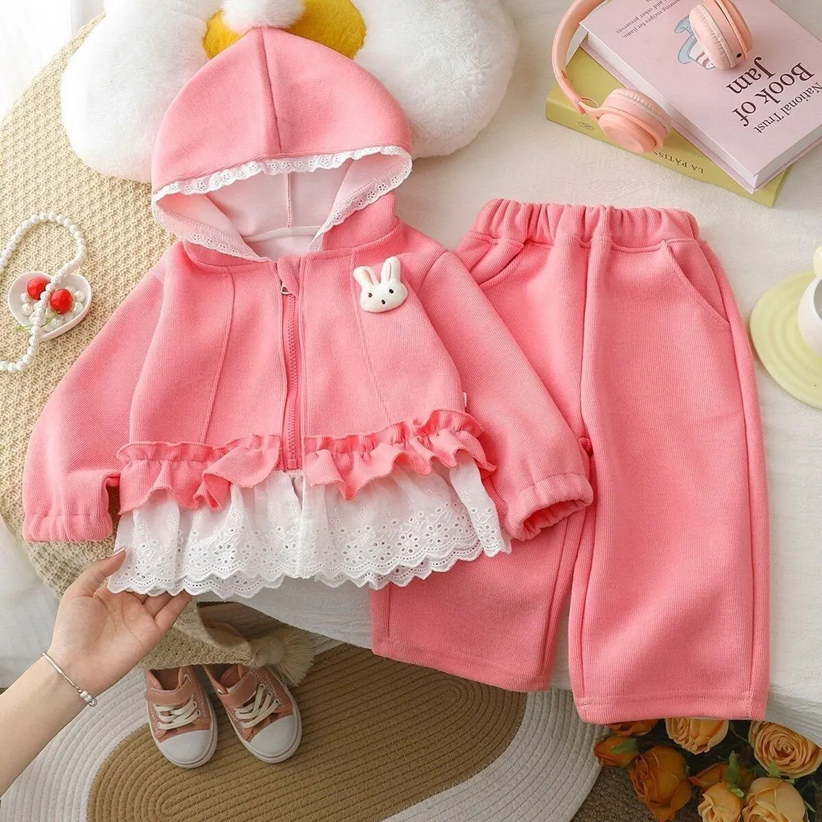 Girls Spring Autumn Set New Fashion Kids Lace Zipper Hooded Jacket + Pants 2 Piece Outfit Baby Clothing Sets
