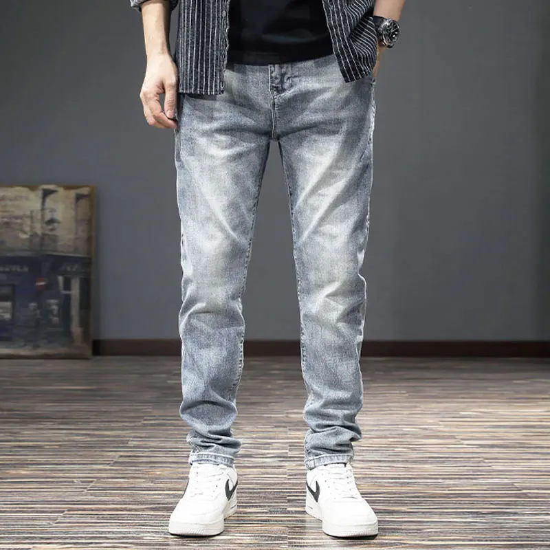 Fashion Designer Men Jeans Retro Light Blue Stretch Slim Fit Ripped Jeans Men Casual Trousers Vintage Denim Pants Hombre