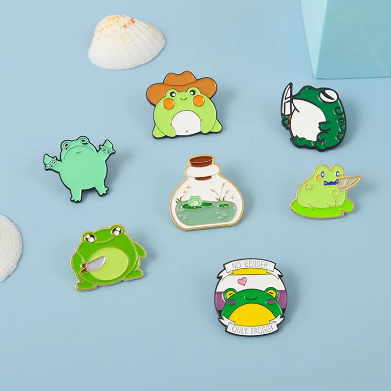 Green Frog Enamel Pins Cowboy Hat Cute Lovely Metal Brooches Lapel Badge Jewelry Gift for Friends Free Shipping