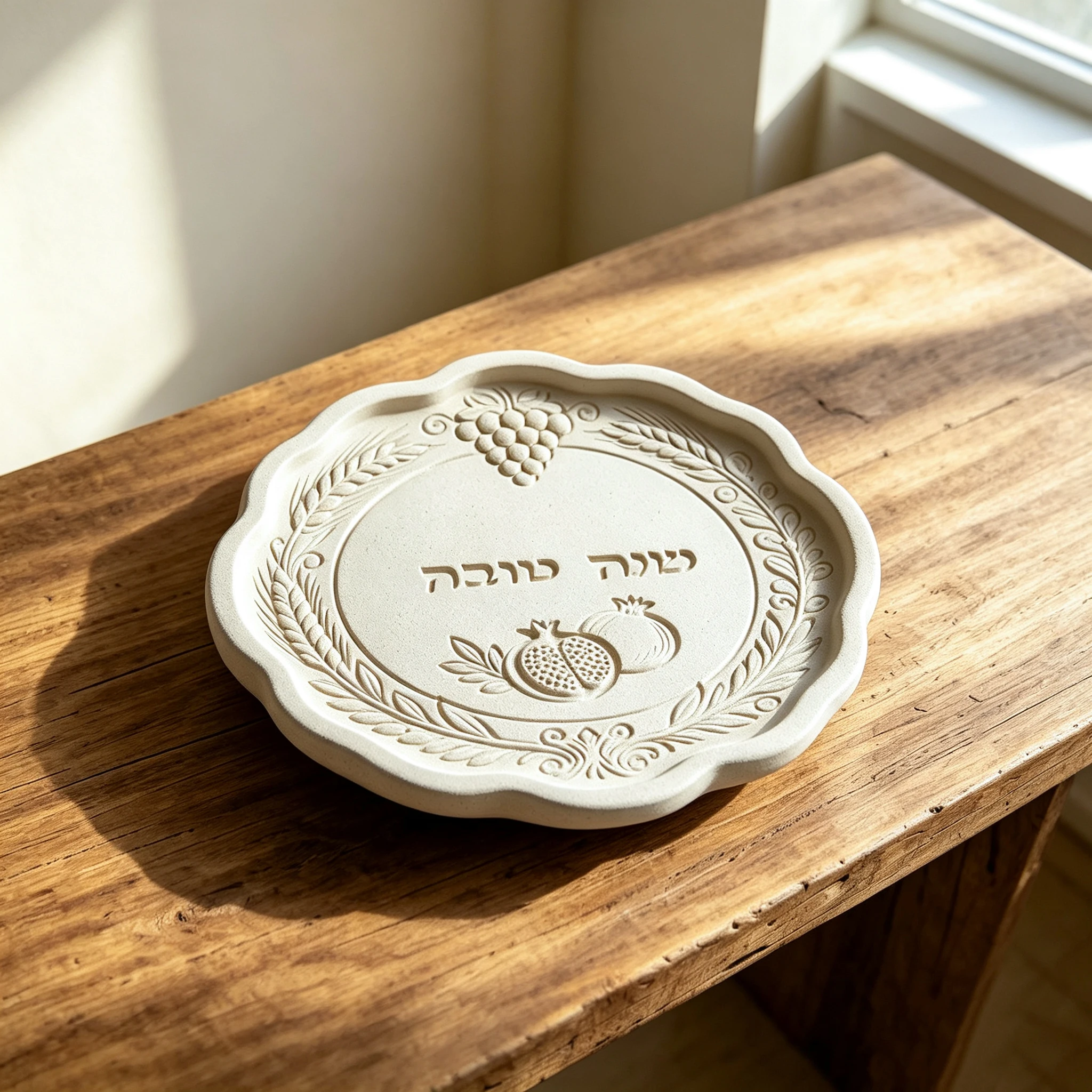 Israeli Judaica Rosh Hashanah Scalloped Platter Silicone Mold, Embossed Pomegranate Grape Shana Tova Round Tray DIY Epoxy Resin