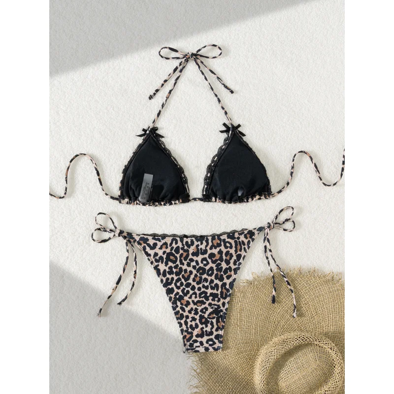 New Sexy Leopard Print Bow Lace Patchwork SwimsuitbikiniWomen's Two-Piece Swimsuit Wholesale