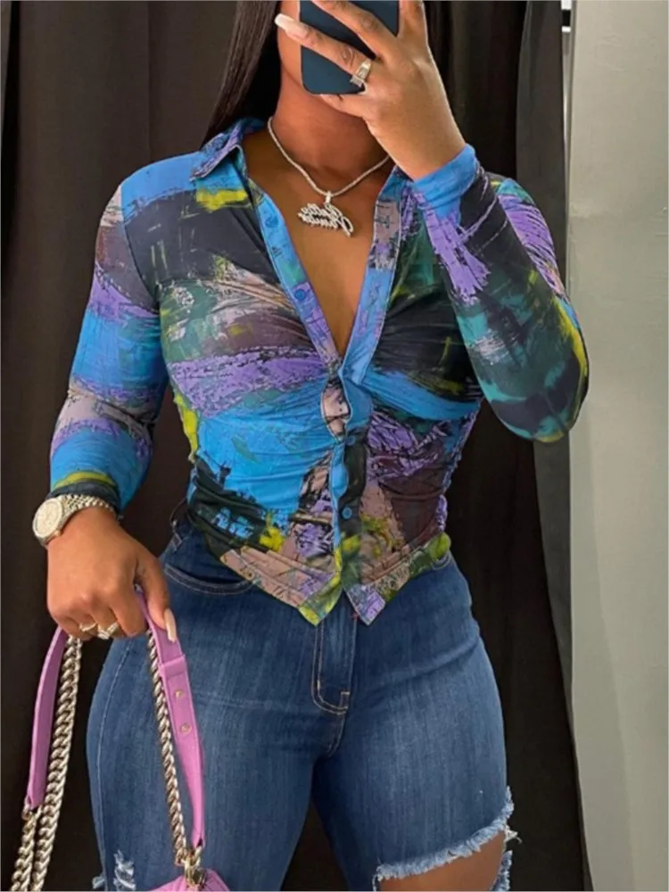 

Spring Summer Women's Clothing New Fashion Color Printed Long Sleeved Single Button Sexy Deep V Spicy Girl Top