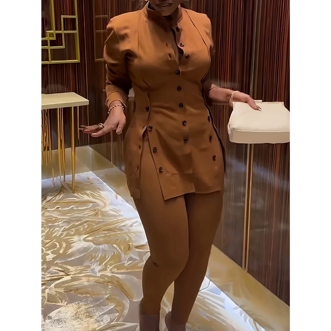 

Casual Simple Button Slit Solid Color Shirt Collar Long Sleeve Two Piece