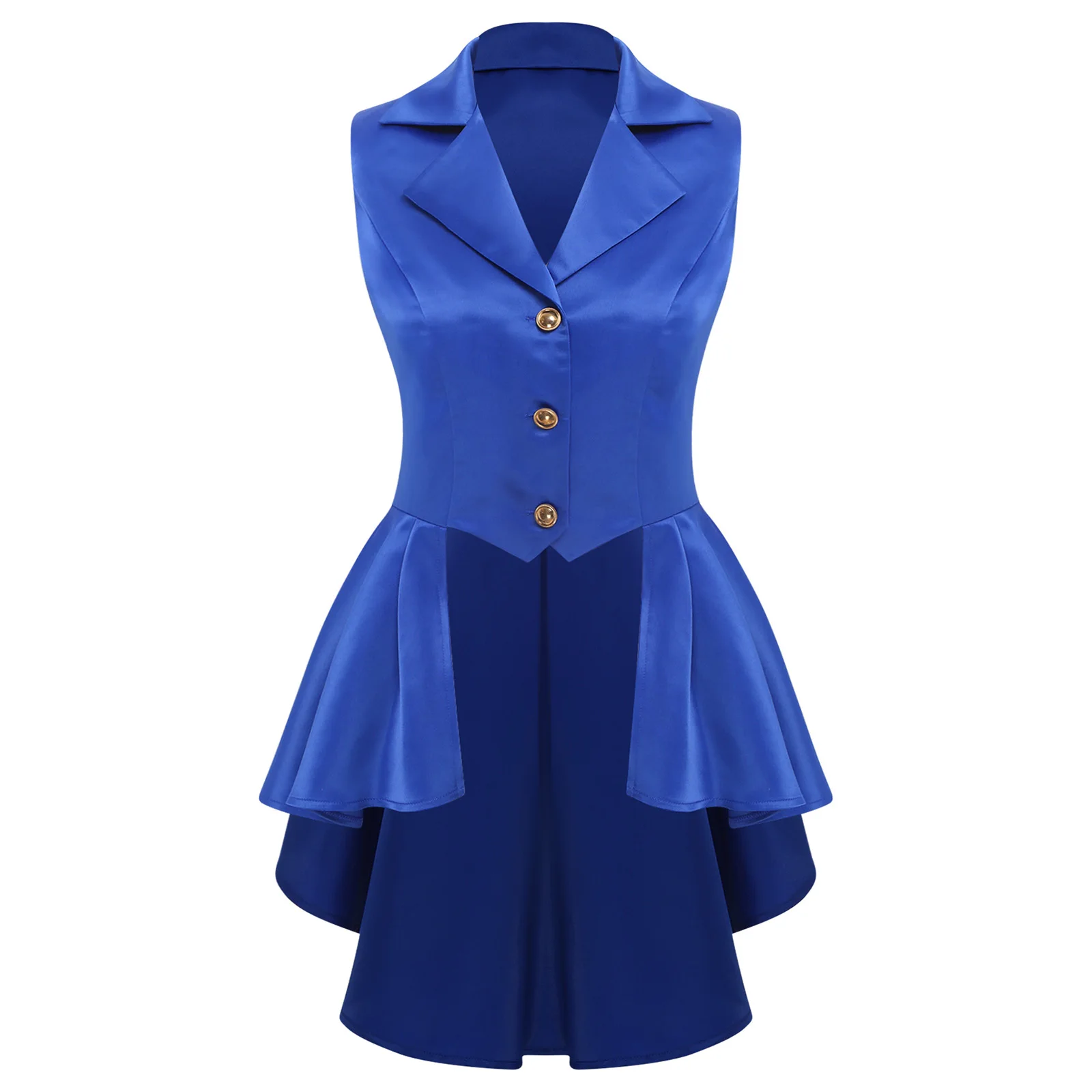 レディースシルキーサテンビクトリア朝の滝チョッキターンダウン襟ノースリーブボタンアップフリル裾ブラウストップカジュアル日常着