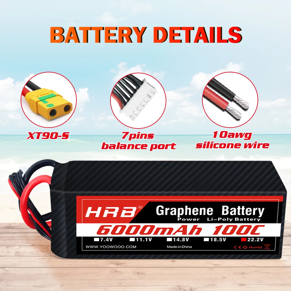 HRB 6S 6000mah بطارية الجرافين 100C 22.2V RC يبو البطارية مع موصل XT90-S ل RC هليكوبتر طائرة بدون طيار RC قارب