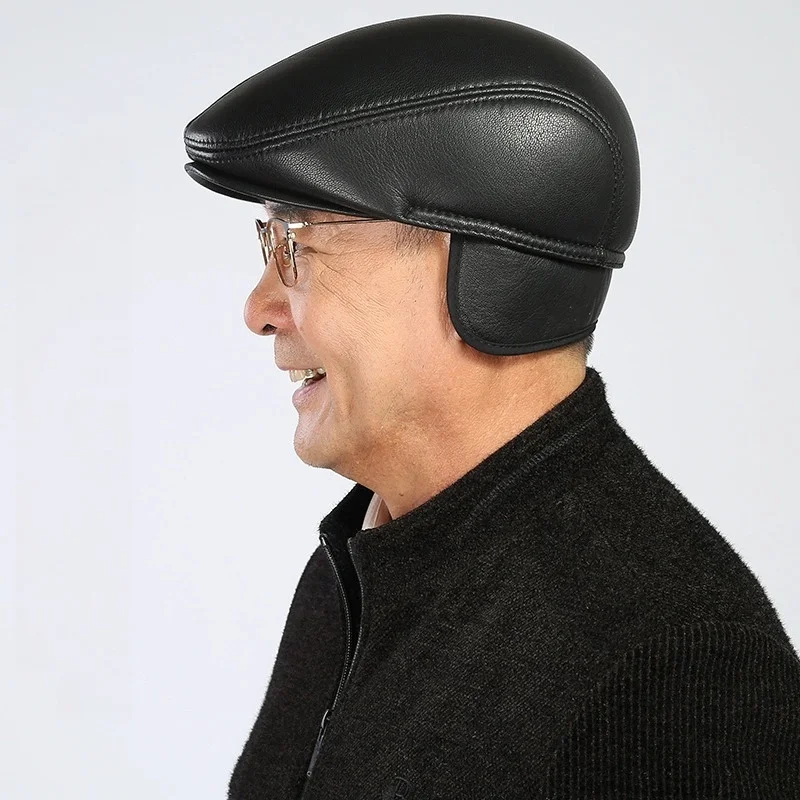 Fall/Winter Cowhide Berets for Middle-Aged and Elderly Men: Warm Cotton Hats, Ear-Covering Caps, and Forward-Brimmed Caps