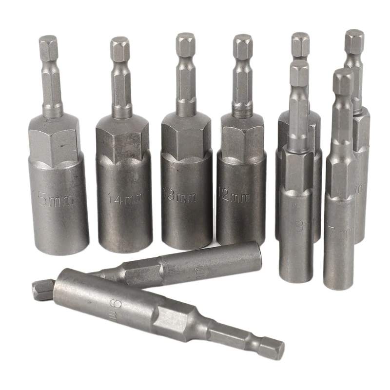 10Pc 1/4 Inch Wrench Hex Bit Socket Set Deep Long 1/2 Inch Impact Drill Socket Adapter Drill Bits