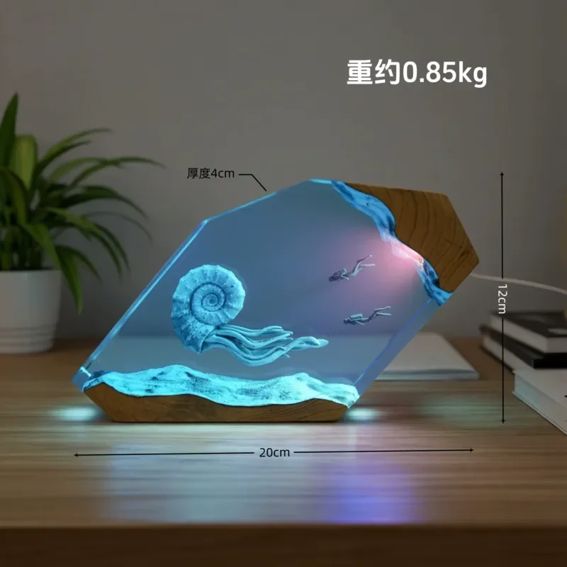 Amumite Handmade Ocean Night Light Creative Solid Wood Resin Ambient Lamp Bedroom Bedside Dream Healing Ornament Gift Decor