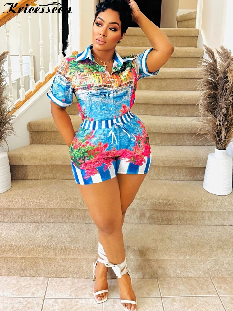 

Kricesseen Women Blue Stripes Tracksuits Set 2 Piece Outfits Tropical Print Polo Tee Top And Matching Shorts Set Beach Swimsuits