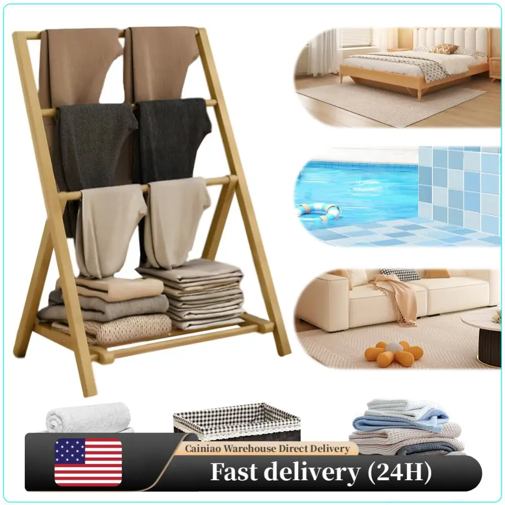 

Бамбуковая напольная вешалка для полотенец с полкой для хранения, отдельно стоящая деревянная подставка для одеял, для душа, ванны, бассейна