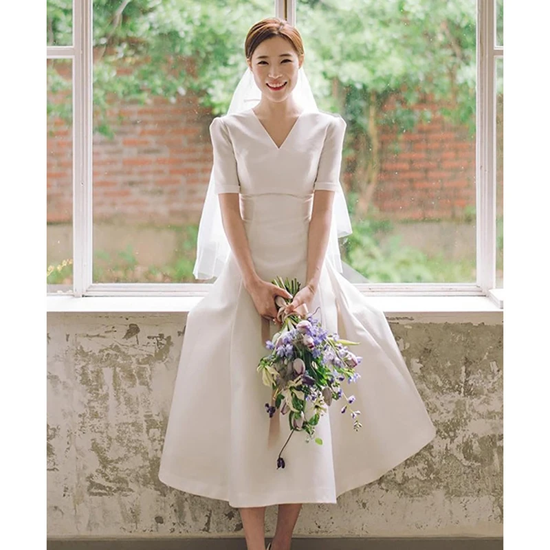 Korean Style Light Wedding Dress Satin Medium Long Short Sleeved Evening Gown Slimming and Minimalist Dress Wedding Shooting