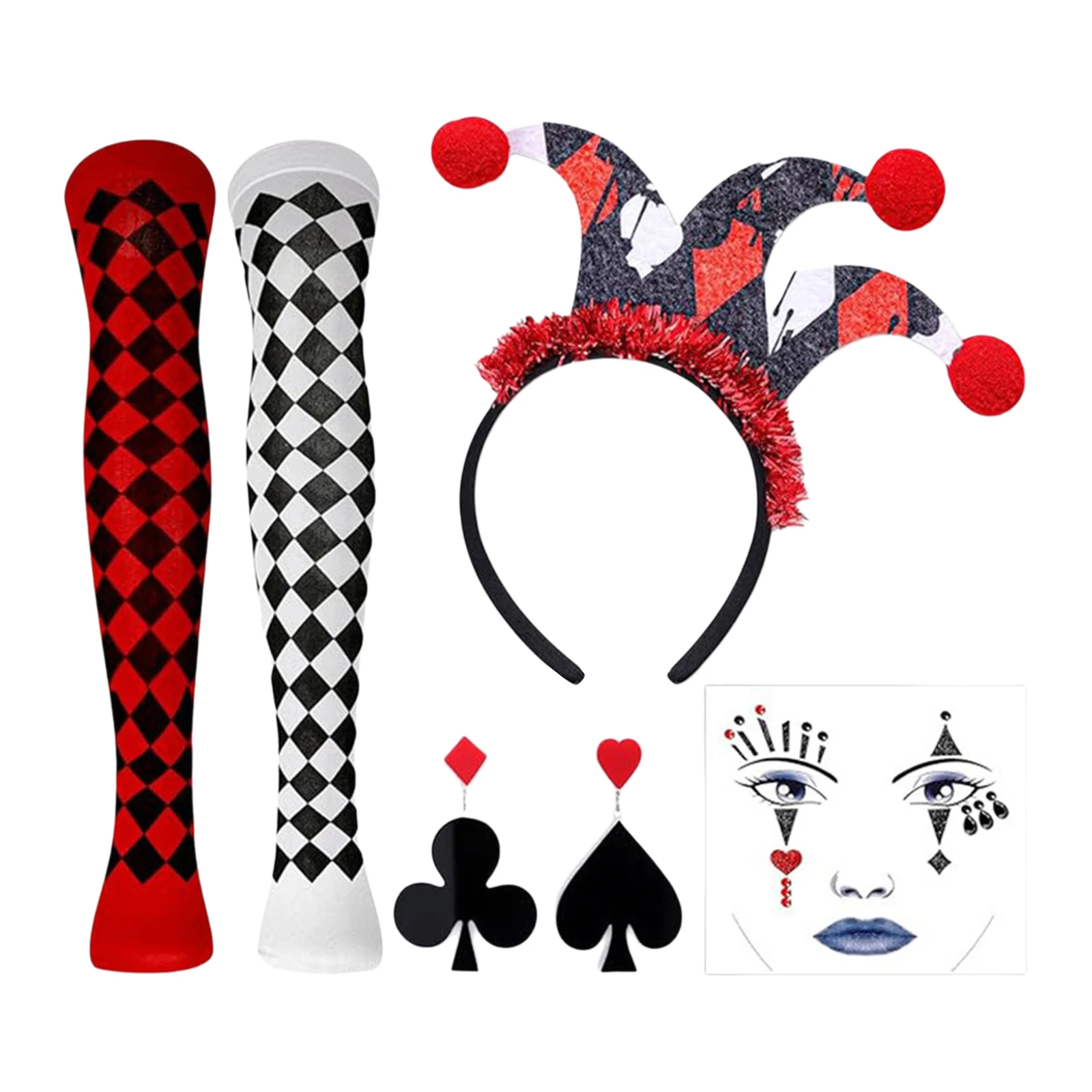 Women Clown Costume Props Accessories Set Color-blocked Stockings Hair Hoop Earrings And Tattoo Sticker for Halloween Cosplay 5