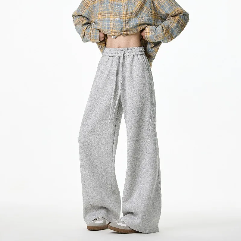 

Korean Style Men's Sweatpants Solid Color Drawstring Drape Elastic Waist Wide Leg New Male Curved Knife Pants Simple