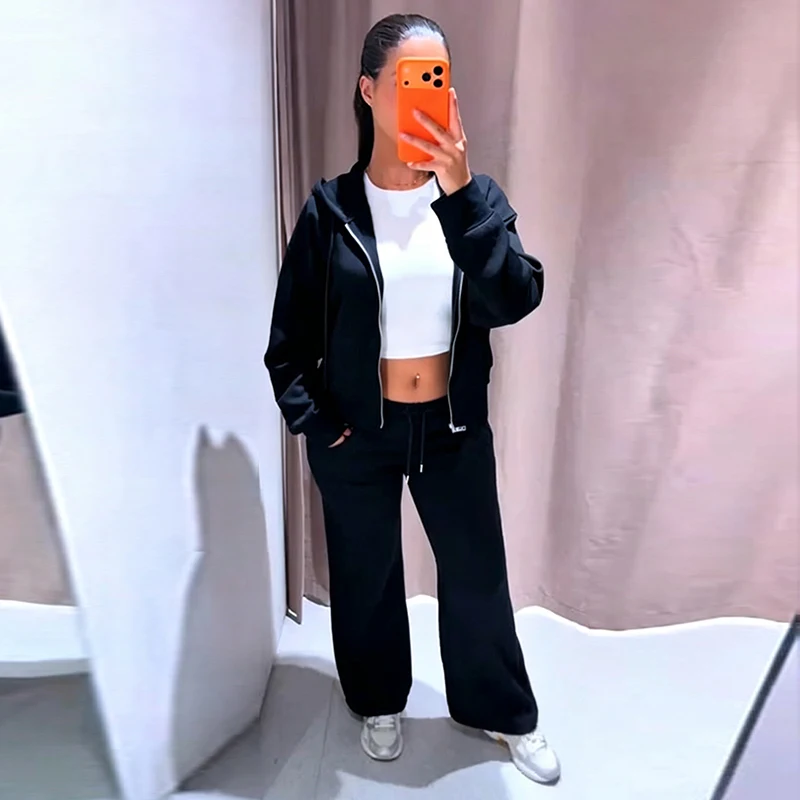Damen-Hosen-Sets mit Kapuze, Langarm-Reißverschluss, Oversize-Mäntel, Kordelzug-Taille, Schlaghosen, Frühling-Herbst, schicke neue Outfits für Damen – Detail 29