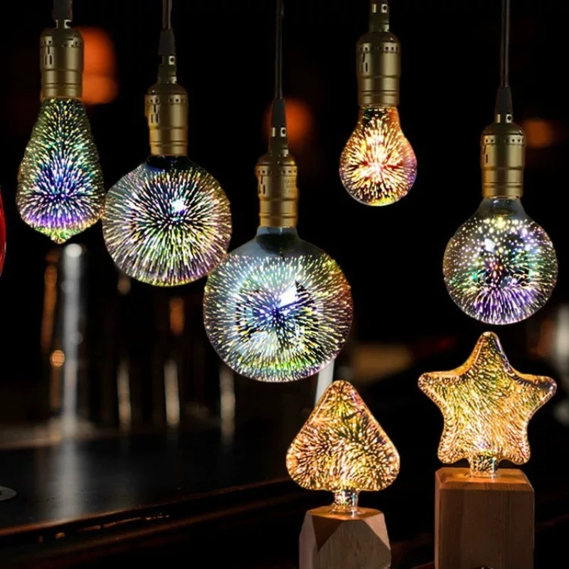 

3D Bulb E27 220V A60 G80 G95 Novelty LED Lamp Edison LED Stereo Color Fireworks Glass Lighting ST64 Color Light Fireworks Bulb