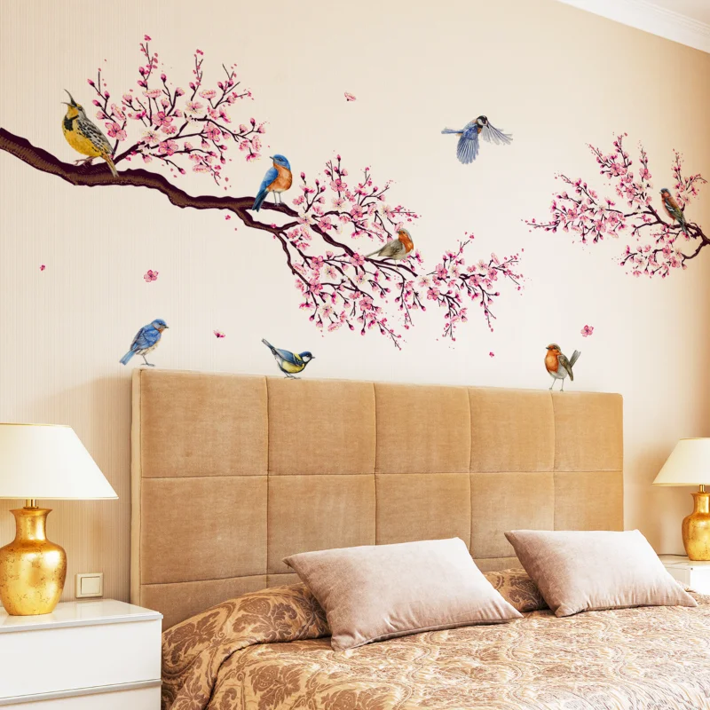 2pcs Peach Tree Branch Bird Wall Sticker Living Room Background Wall Room Decoration Wall Stickers Self Adhesive Stickers