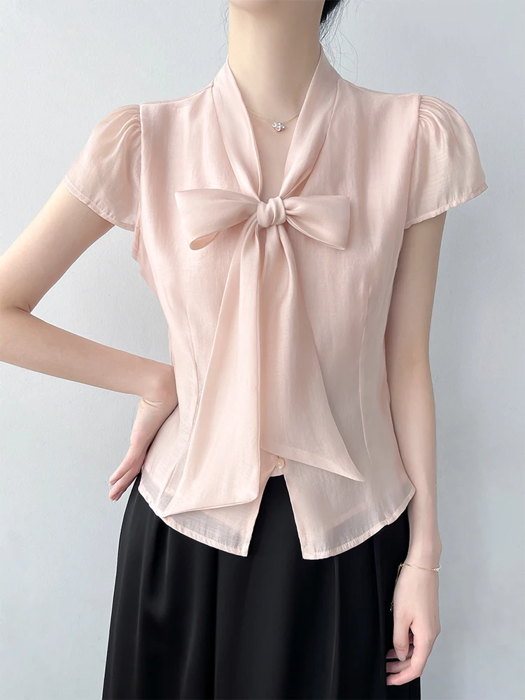 

Корейский шифоновый топ с узлом из шелка и лиоцелла, женский летний новый элегантный топ с коротким рукавом, французский стиль, приталенный крой.