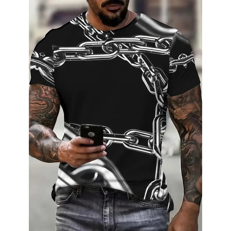 Men's Casual Short-Sleeve T-Shirt with Round Neck and Silver Metallic Chain with 3D Optical Illusion
