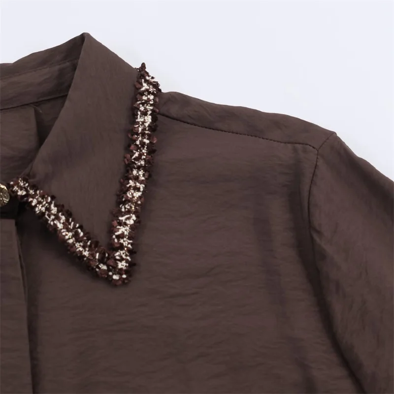 2025 Autumn New Women's Clothing, textured trim shirt, brown tones, sequin lapel, patch pocket design.