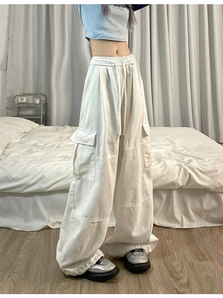 HOUZHOU Y2K Cargo Jeans Women Baggy Denim Pants White Wide Leg Trousers Oversize Casual Female Black Japanese Streetwear Hip Hop