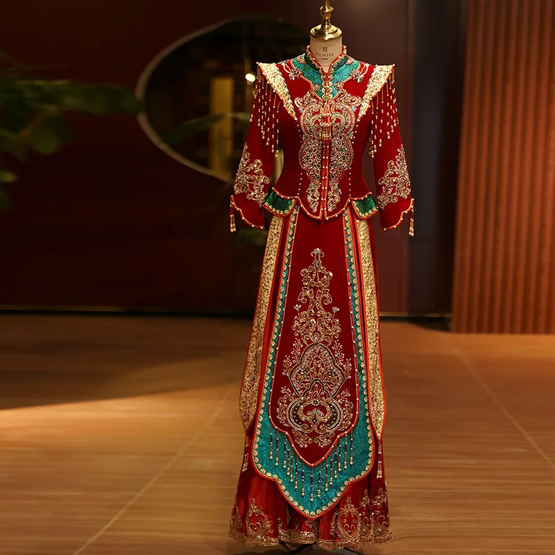 

Velvet Embroidery Xiuhe Clothes Bride's New Chinese Wedding Dress for Autumn And Winter 2024 Red Toast Dress китайская одежда