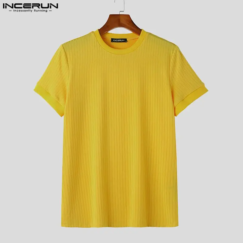 INCERUN Men T Shirt Solid Color Striped O-neck Short Sleeve Summer Casual Men Clothing Streetwear 2023 Fitness Fashion Tee Tops