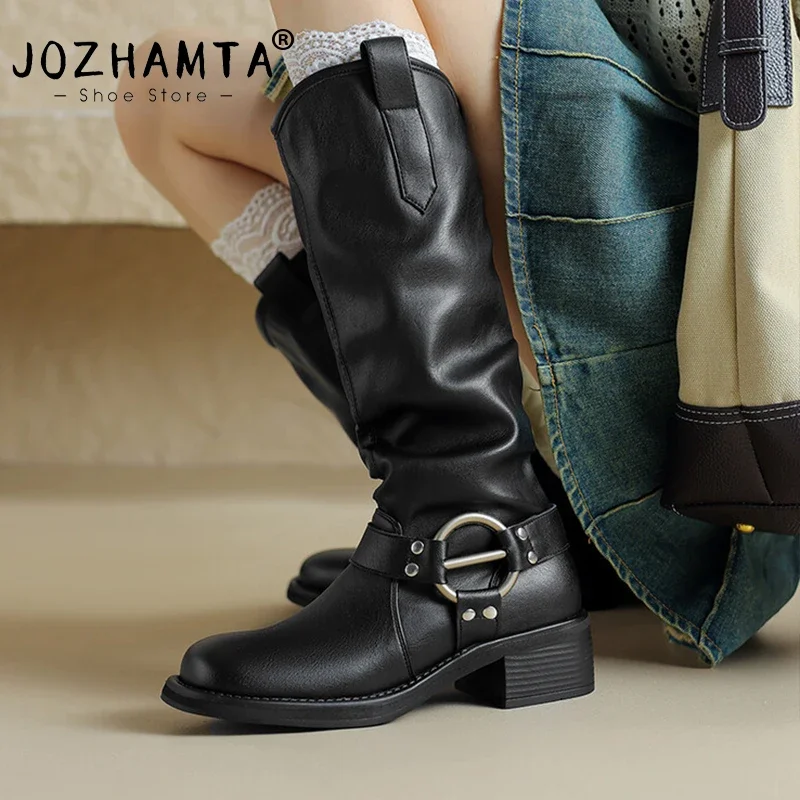 JOZHAMTA Size 34-40 Women Knee-High Boots Autumn Winter Genuine Leather Shoes Woman Retro Office Lady Western High Boots