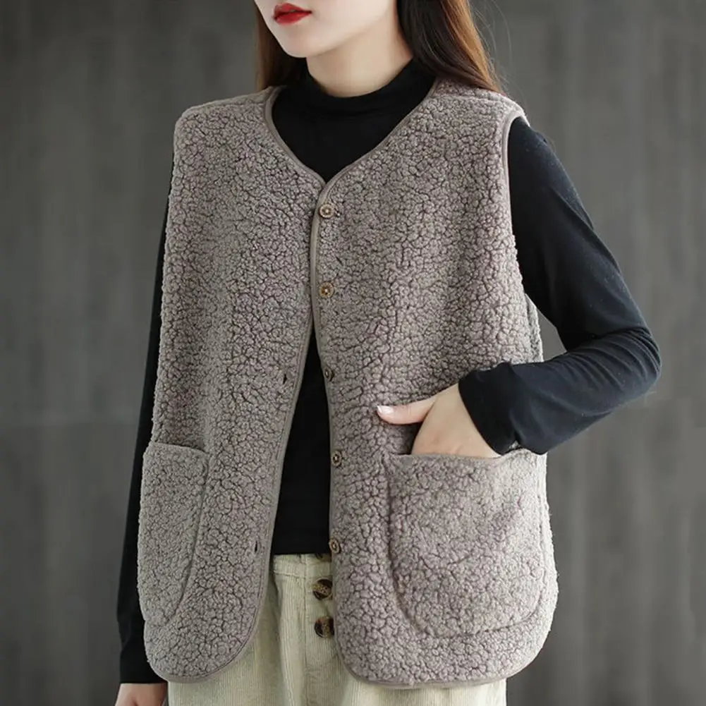 Women Vest Stylish V Neck Fleece Vest Coat for Women with Double Pockets Cardigan for Wear Office Outfits Fall Winter Loose Vest