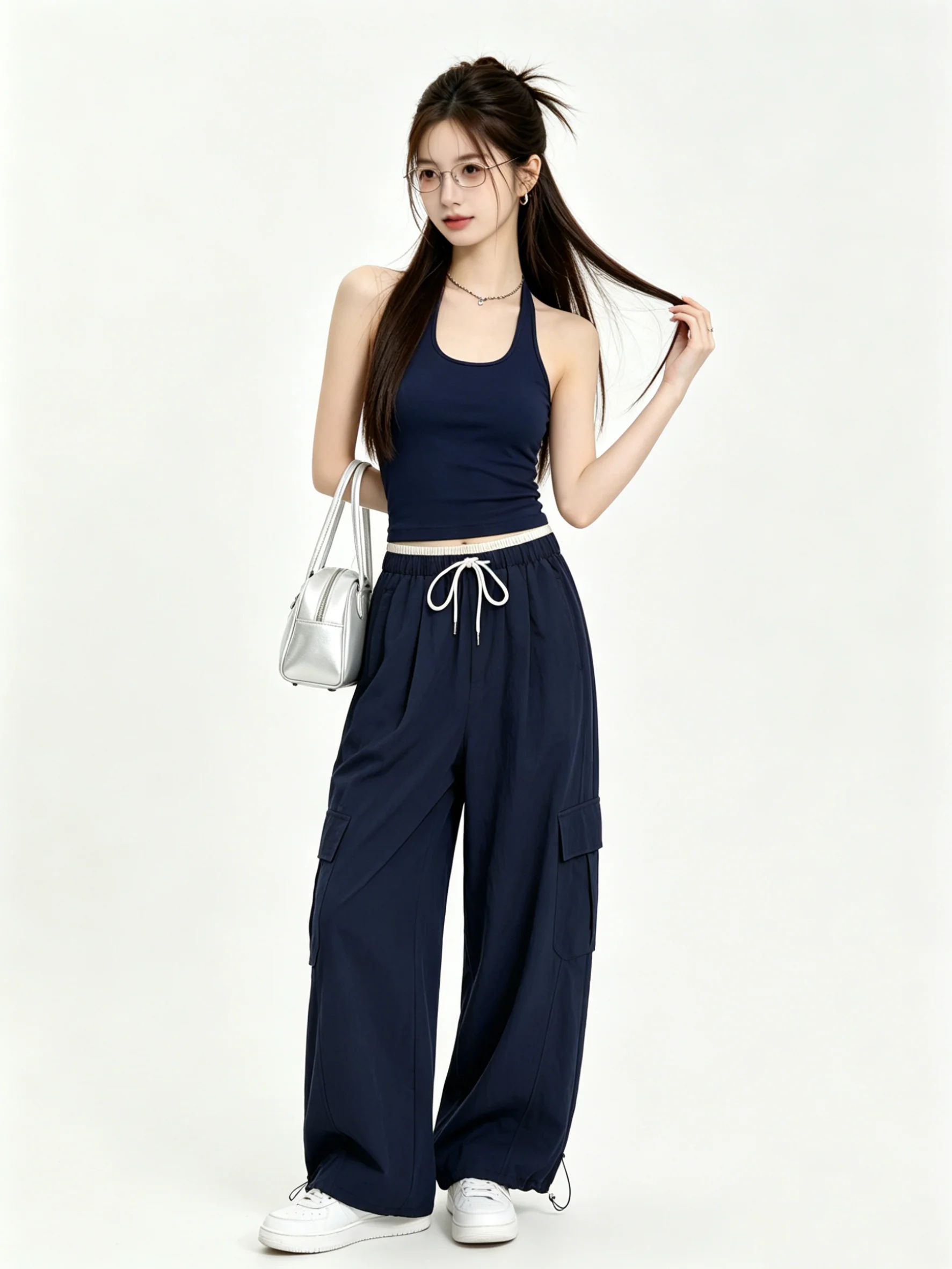 Retro Loose Wide Leg Pants Elastic Waist Cargo Style Summer Casual Loose Slimming Multi-Pocket Knife  Trousers