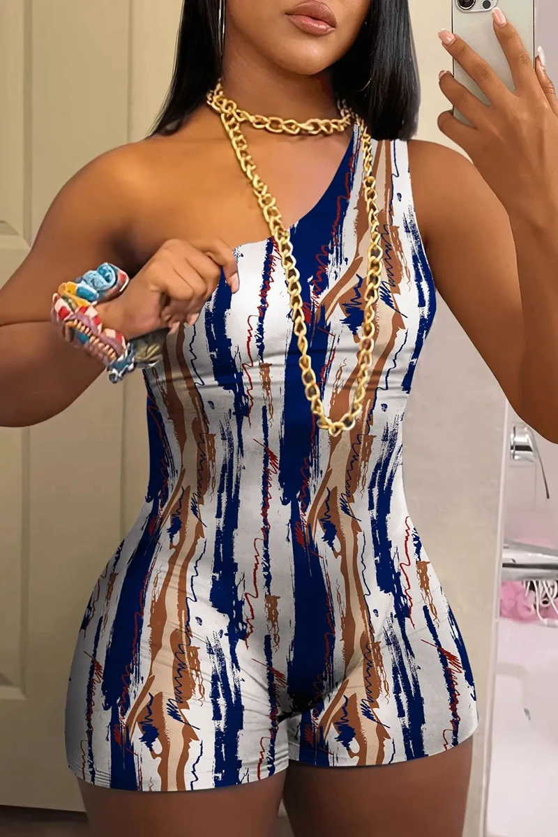 

STYLISH LADY Tie Dye Printed Playsuits 2024 Summer One Shoulder Sleeveless Bodycon Sexy Club Party Rompers and Jumpsuits