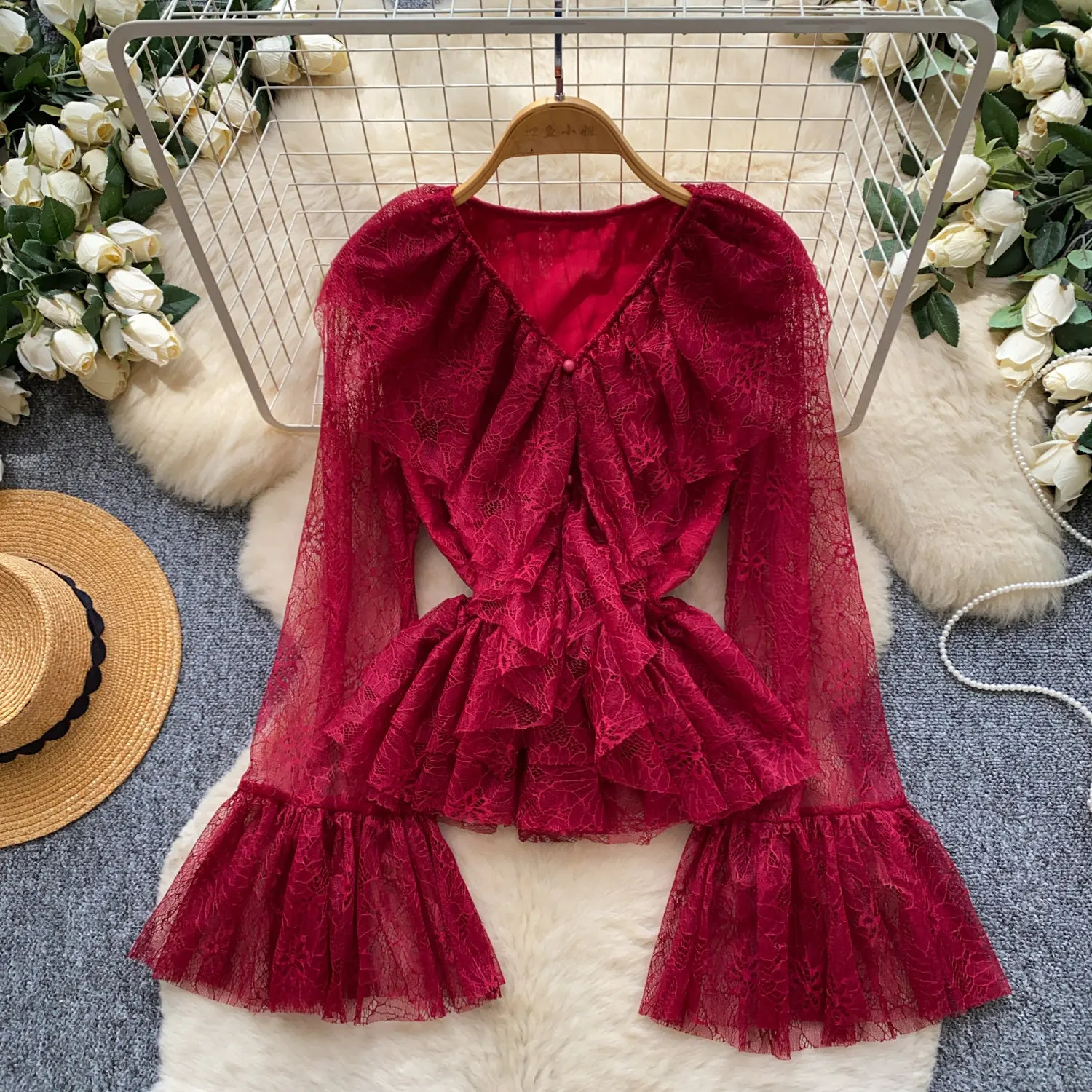 Women Blouses Shirt Vintage Lace Sexy V Neck Flare Sleeve Tops Ruffles Solid Y2k Streetwear Elegant Splice Shirts 2026 Autumn