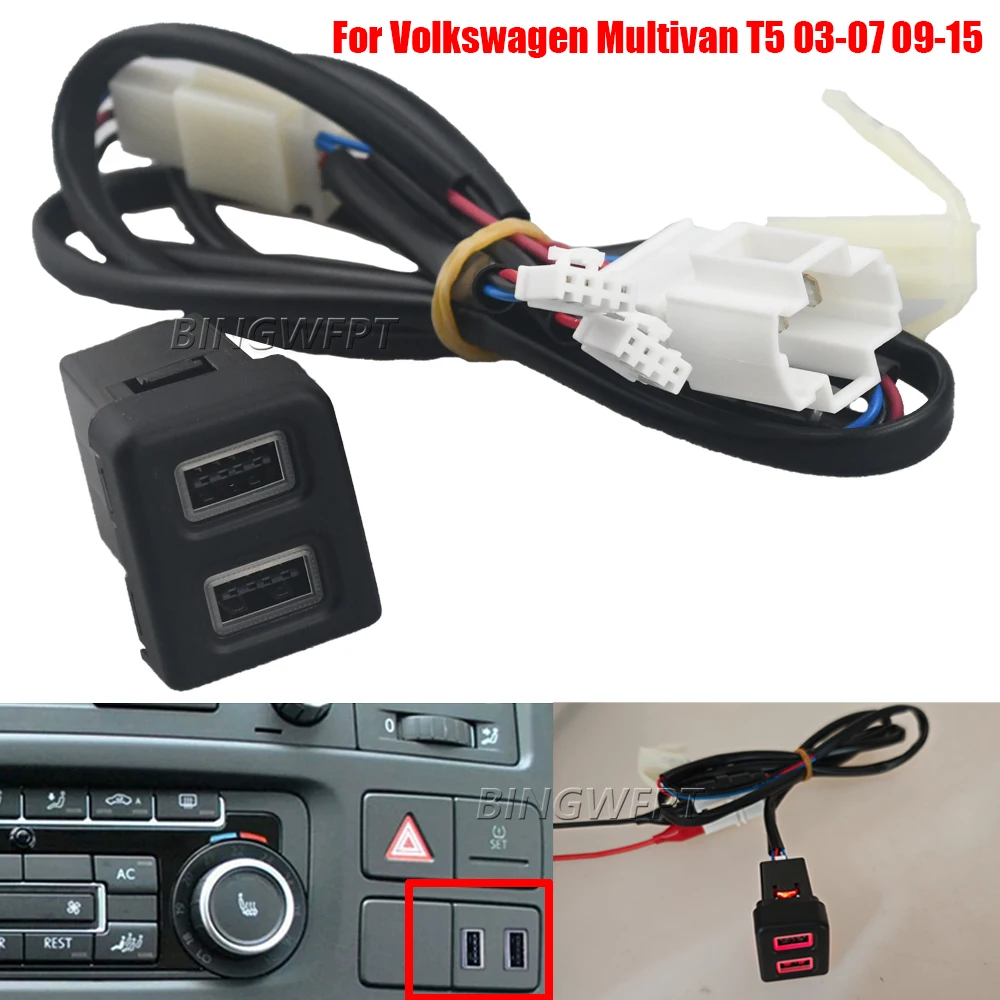 High Quality For Volkswagen Multivan T5 2003-2007 2009-2015 Car Quick Charger Red Light Dual QC3.0 USB Interface Socket